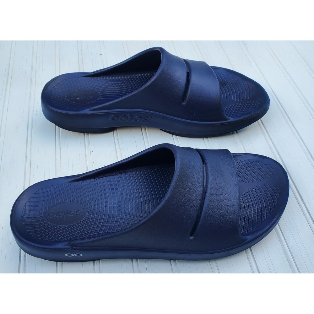OOFOS OOahh Slide Sandals Navy Blue Mens 12 Womens 14 Recovery Footwear EU 45